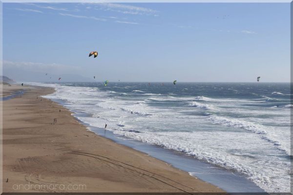 Kitesurfers take advantage of the strong winds