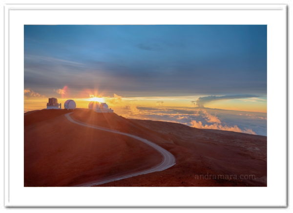 Observatories at sunset on Maunakea, one of the tallest volcanoes in the world